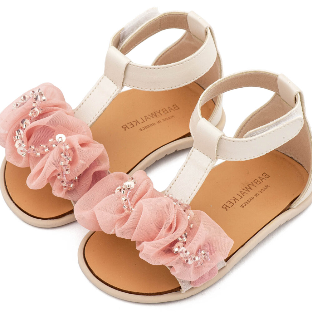 BS3601-IVORY-PINK-BABYWALKER.jpg Πέδιλο με Διακοσμητικό Οργάντζας BS3601 Εκρού Ροζ Babywalker
