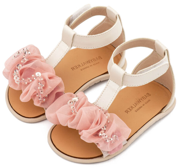BS3601-IVORY-PINK-BABYWALKER.jpg Πέδιλο με Διακοσμητικό Οργάντζας BS3601 Εκρού Ροζ Babywalker
