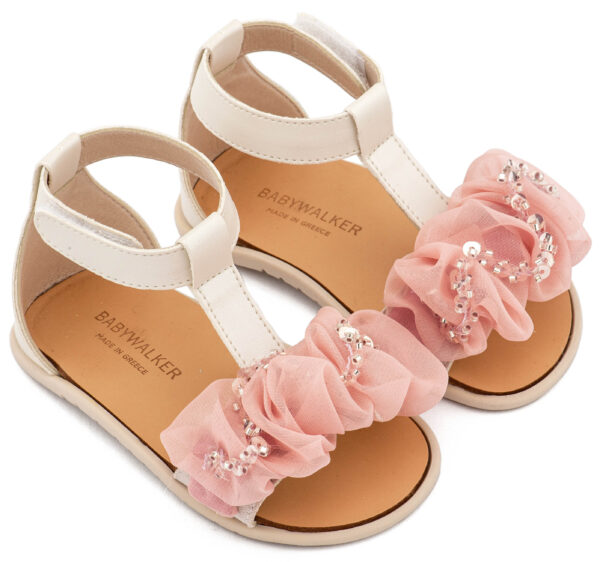 BS3601-IVORY-PINK1-BABYWALKER.jpg Πέδιλο με Διακοσμητικό Οργάντζας BS3601 Εκρού Ροζ Babywalker