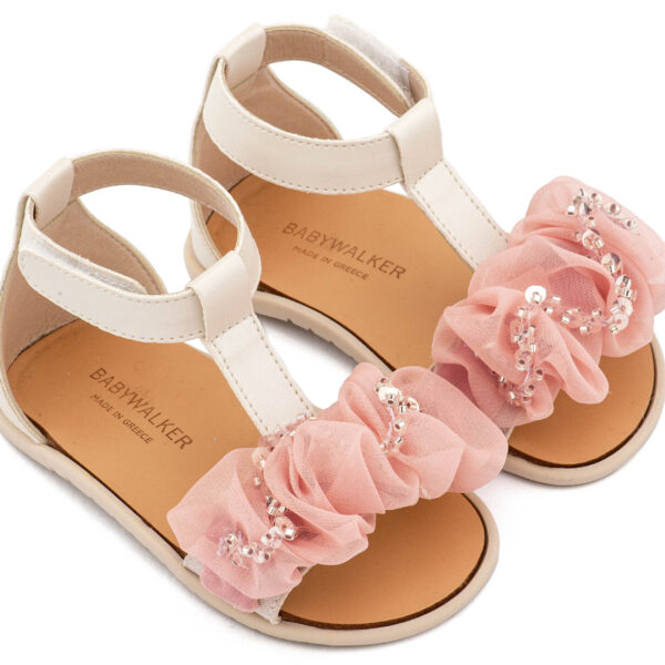 BS3601-IVORY-PINK1-BABYWALKER.jpg Πέδιλο με Διακοσμητικό Οργάντζας BS3601 Εκρού Ροζ Babywalker