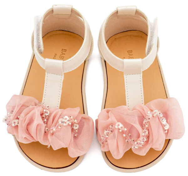 BS3601-IVORY-PINK2-BABYWALKER.jpg Πέδιλο με Διακοσμητικό Οργάντζας BS3601 Εκρού Ροζ Babywalker