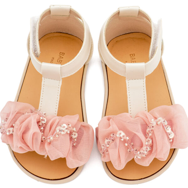 BS3601-IVORY-PINK2-BABYWALKER.jpg Πέδιλο με Διακοσμητικό Οργάντζας BS3601 Εκρού Ροζ Babywalker