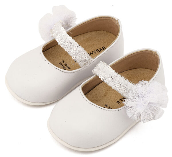 PRI2657-WHITE-BABYWALKER.jpg Γοβάκι Μονή Μπαρέτα Διακοσμημένο με Τρέσα και Τούλινο Πον Πον PRI2657 Λευκό Babywalker