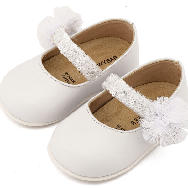 PRI2657-WHITE-BABYWALKER.jpg Γοβάκι Μονή Μπαρέτα Διακοσμημένο με Τρέσα και Τούλινο Πον Πον PRI2657 Λευκό Babywalker