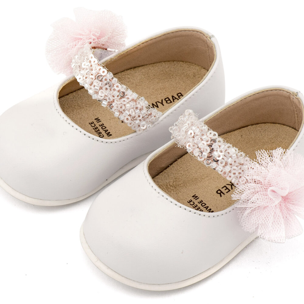 PRI2657-WHITE-PINK-BABYWALKER.jpg Γοβάκι Μονή Μπαρέτα Διακοσμημένο με Τρέσα και Τούλινο Πον Πον PRI2657 Λευκό Ροζ Babywalker