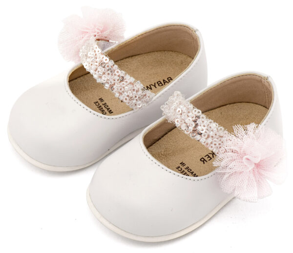 PRI2657-WHITE-PINK-BABYWALKER.jpg Γοβάκι Μονή Μπαρέτα Διακοσμημένο με Τρέσα και Τούλινο Πον Πον PRI2657 Λευκό Ροζ Babywalker