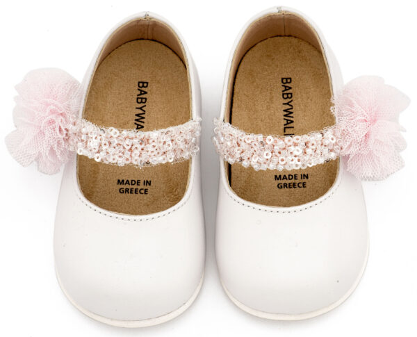 PRI2657-WHITE-PINK2-BABYWALKER.jpg Γοβάκι Μονή Μπαρέτα Διακοσμημένο με Τρέσα και Τούλινο Πον Πον PRI2657 Λευκό Ροζ Babywalker