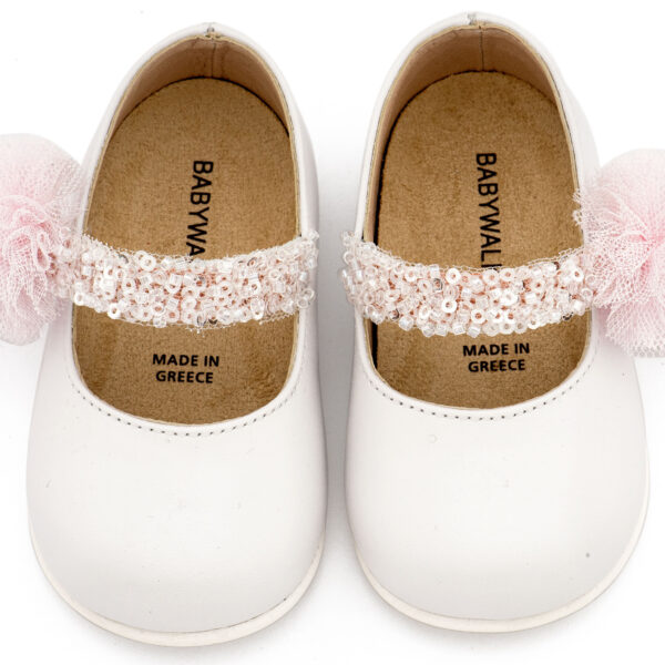 PRI2657-WHITE-PINK2-BABYWALKER.jpg Γοβάκι Μονή Μπαρέτα Διακοσμημένο με Τρέσα και Τούλινο Πον Πον PRI2657 Λευκό Ροζ Babywalker