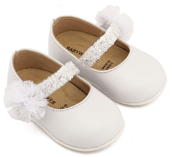 PRI2657-WHITE1-BABYWALKER.jpg Γοβάκι Μονή Μπαρέτα Διακοσμημένο με Τρέσα και Τούλινο Πον Πον PRI2657 Λευκό Babywalker