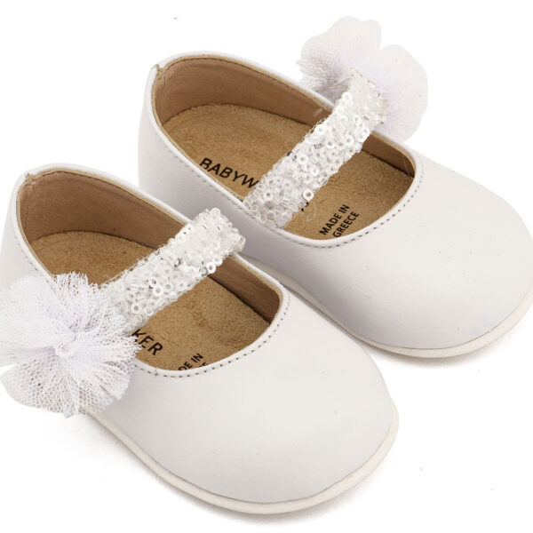 PRI2657-WHITE1-BABYWALKER.jpg Γοβάκι Μονή Μπαρέτα Διακοσμημένο με Τρέσα και Τούλινο Πον Πον PRI2657 Λευκό Babywalker