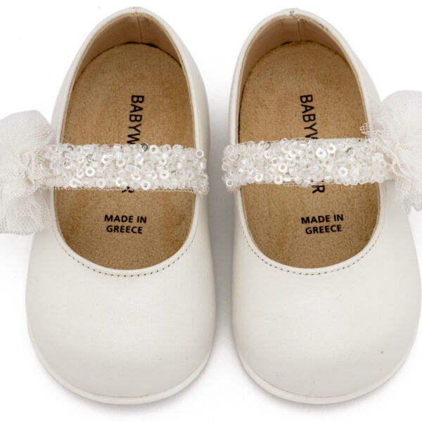 PRI2657-WHITE2-BABYWALKER.jpg Γοβάκι Μονή Μπαρέτα Διακοσμημένο με Τρέσα και Τούλινο Πον Πον PRI2657 Λευκό Babywalker